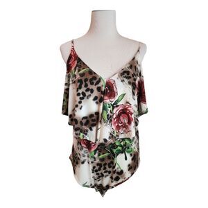 NWT Boutique 1X Floral Animal Print Ruffled Bodysuit